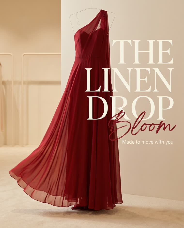 The same gown on a hanger in a boutique interior, headline reading The Linen Drop