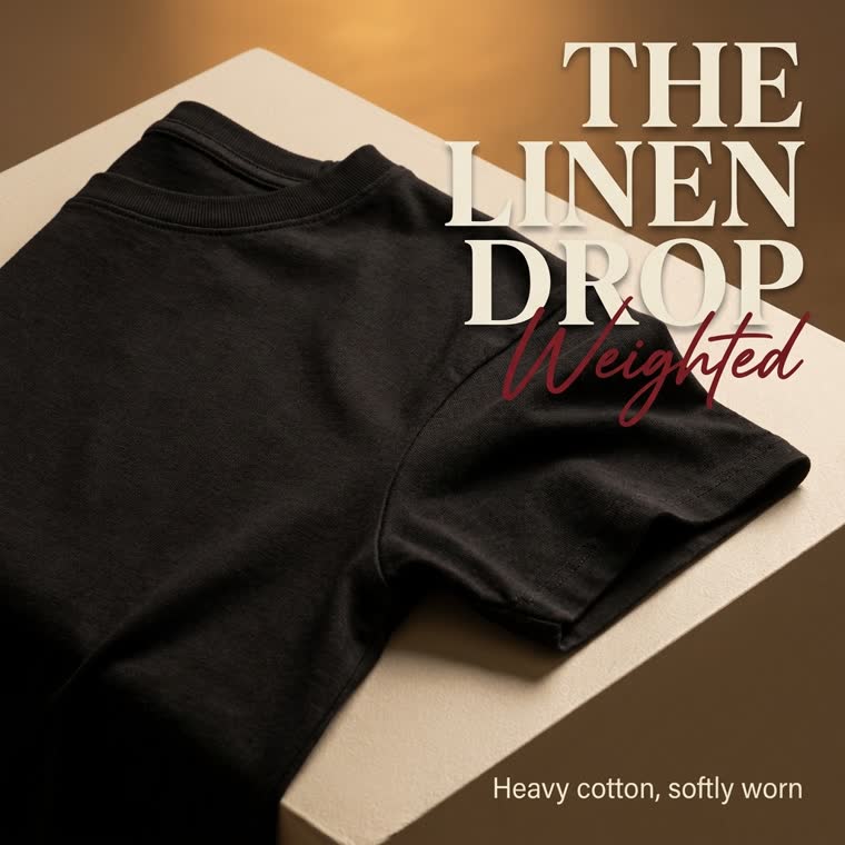 A folded black cotton tee on a plinth, headline reading The Linen Drop, Weighted